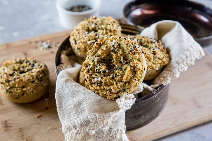 Low-Carb Keto Everything Bagels made with almond flour - an easy grain-free paleo bagel recipe! | TheRoastedRoot.net #glutenfree #breakfast