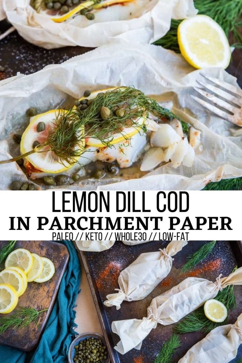 Delicate, flavorful lemon dill cod in parchment paper (or cod en papillote) with capers - a beautiful meal for a date night in that happens to be low-carb, paleo, Whole30, and so easy to prepare!