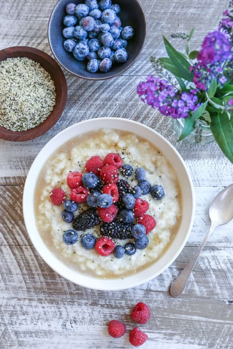 Paleo Cauliflower Breakfast Porridge - grain-free, vegan, dairy-free, plant-based and healthy | TheRoastedRoot.net #glutenfree #breakfast #recipe