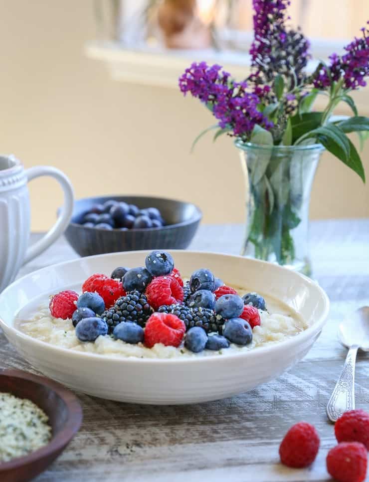 Paleo Cauliflower Breakfast Porridge - grain-free, vegan, dairy-free, plant-based and healthy | TheRoastedRoot.net #glutenfree #breakfast #recipe