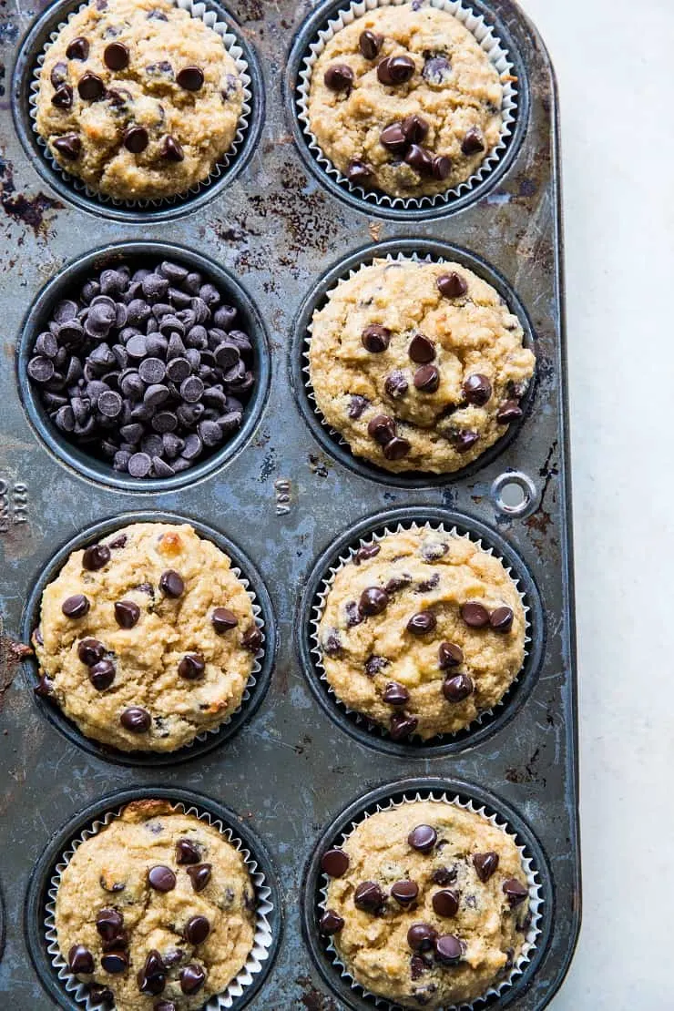 Chocolate Chip Paleo Vegan Banana Muffins - grain-free, refined sugar-free, healthy muffin recipe | TheRoastedRoot.net