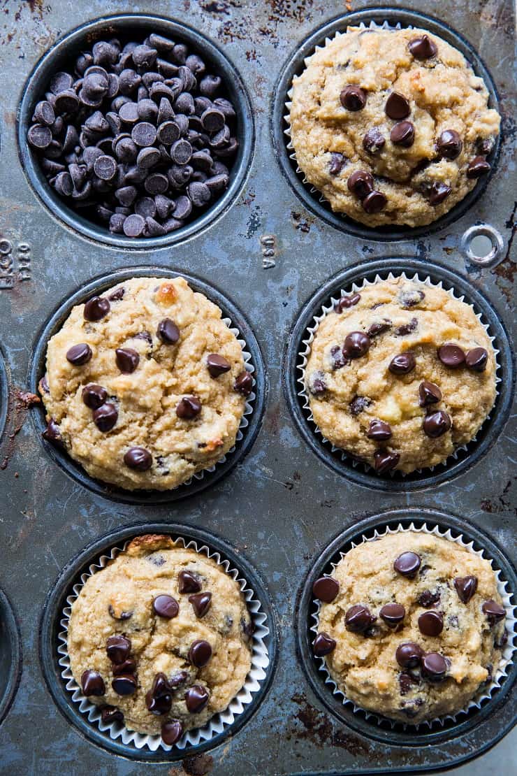 Chocolate Chip Paleo Vegan Banana Muffins - grain-free, refined sugar-free, healthy muffin recipe | TheRoastedRoot.net