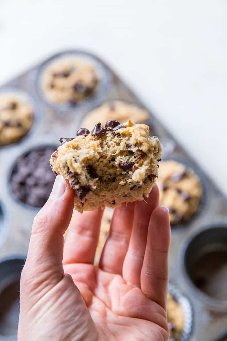 Chocolate Chip Paleo Vegan Banana Muffins - grain-free, refined sugar-free, healthy muffin recipe | TheRoastedRoot.net