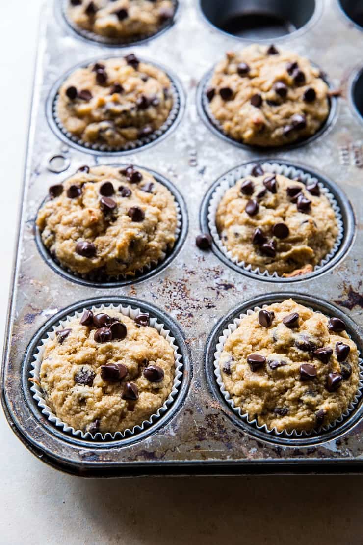 Chocolate Chip Paleo Vegan Banana Muffins - grain-free, refined sugar-free, healthy muffin recipe | TheRoastedRoot.net