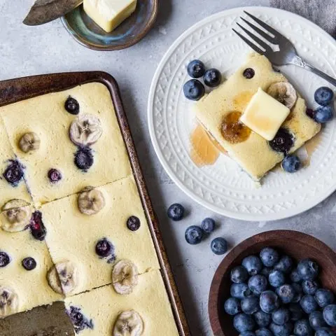 Paleo Sheet Pan Pancakes made with almond flour - this easy recipe is prepared in a blender and baked on a sheet pan to minimize time and effort! | TheRoastedRoot.net #grainfree #glutenfree