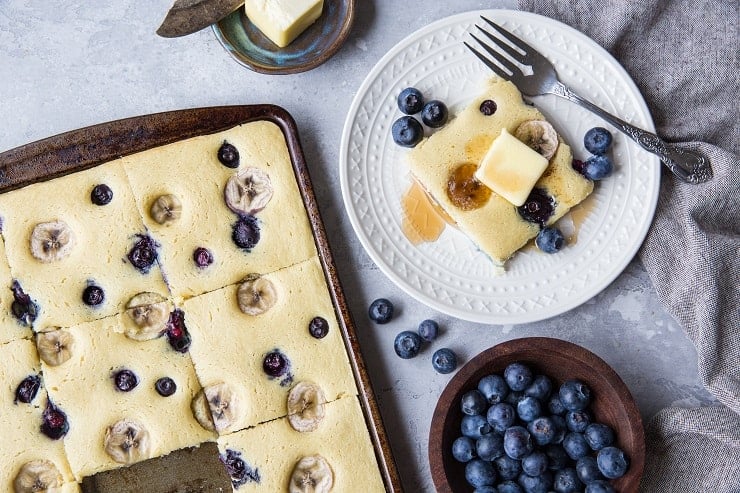 Paleo Sheet Pan Pancakes made with almond flour - this easy recipe is prepared in a blender and baked on a sheet pan to minimize time and effort! | TheRoastedRoot.net #grainfree #glutenfree