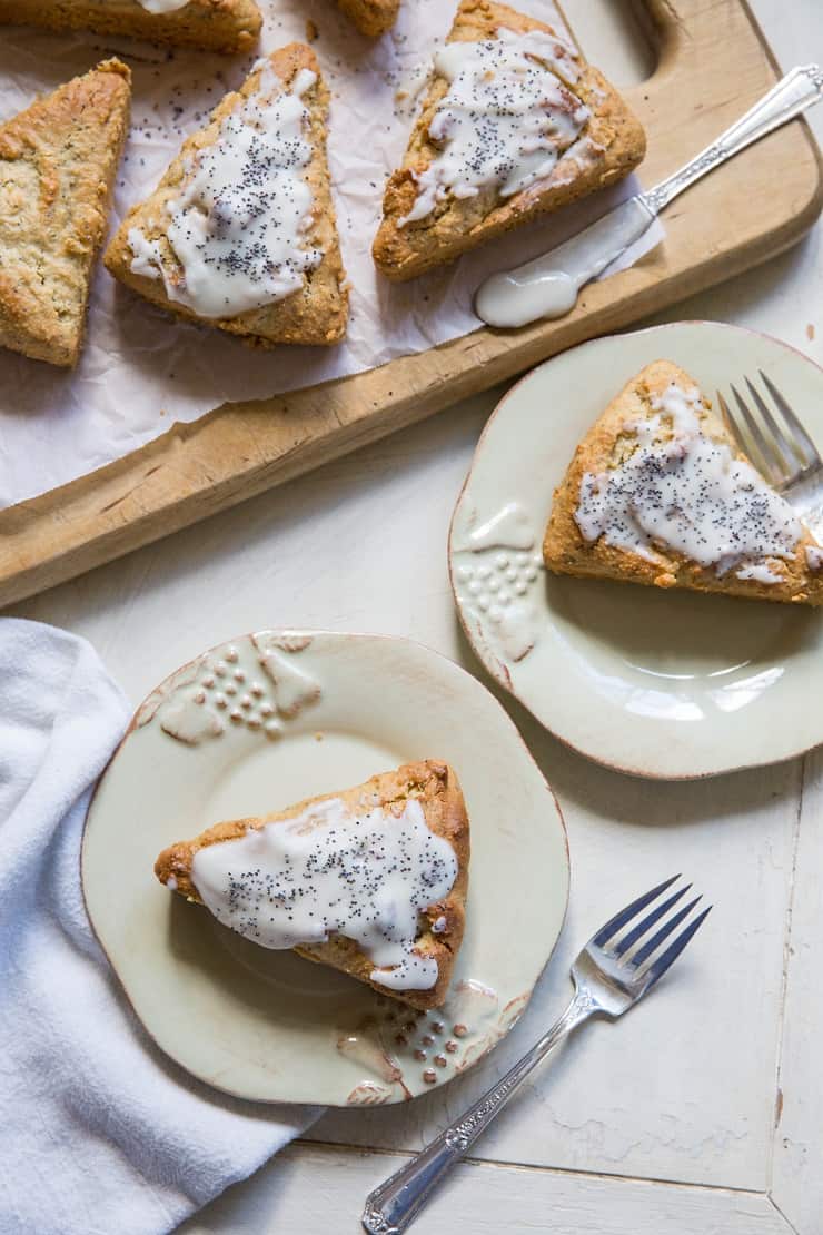 Paleo Vegan Lemon Poppy Seed Scones - grain-free, refined sugar-free, dairy-free vegan scones made with basic pantry ingredients! A perfect healthy recipe to share for brunch | TheRoastedRoot.net