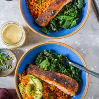 Salmon Bowls with Avocado, Carrot "Rice" Sauteed Rainbow Chard and Wasabi Sauce - an easy paleo, keto meal that can be made any night of the week | TheRoastedRoot.net