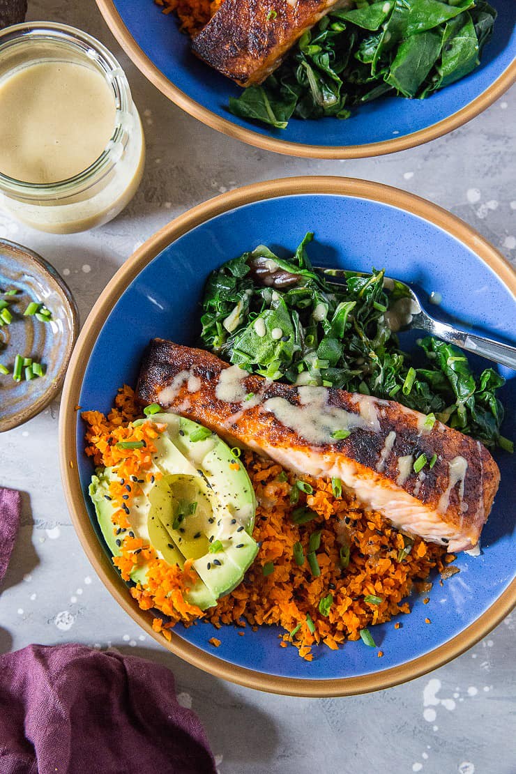 Salmon Bowls with Avocado, Carrot "Rice" Sauteed Rainbow Chard and Wasabi Sauce - an easy paleo, keto meal that can be made any night of the week | TheRoastedRoot.net