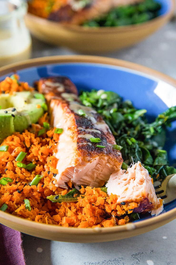 Salmon Bowls with Avocado, Carrot "Rice" Sauteed Rainbow Chard and Wasabi Sauce - an easy paleo, keto meal that can be made any night of the week | TheRoastedRoot.net