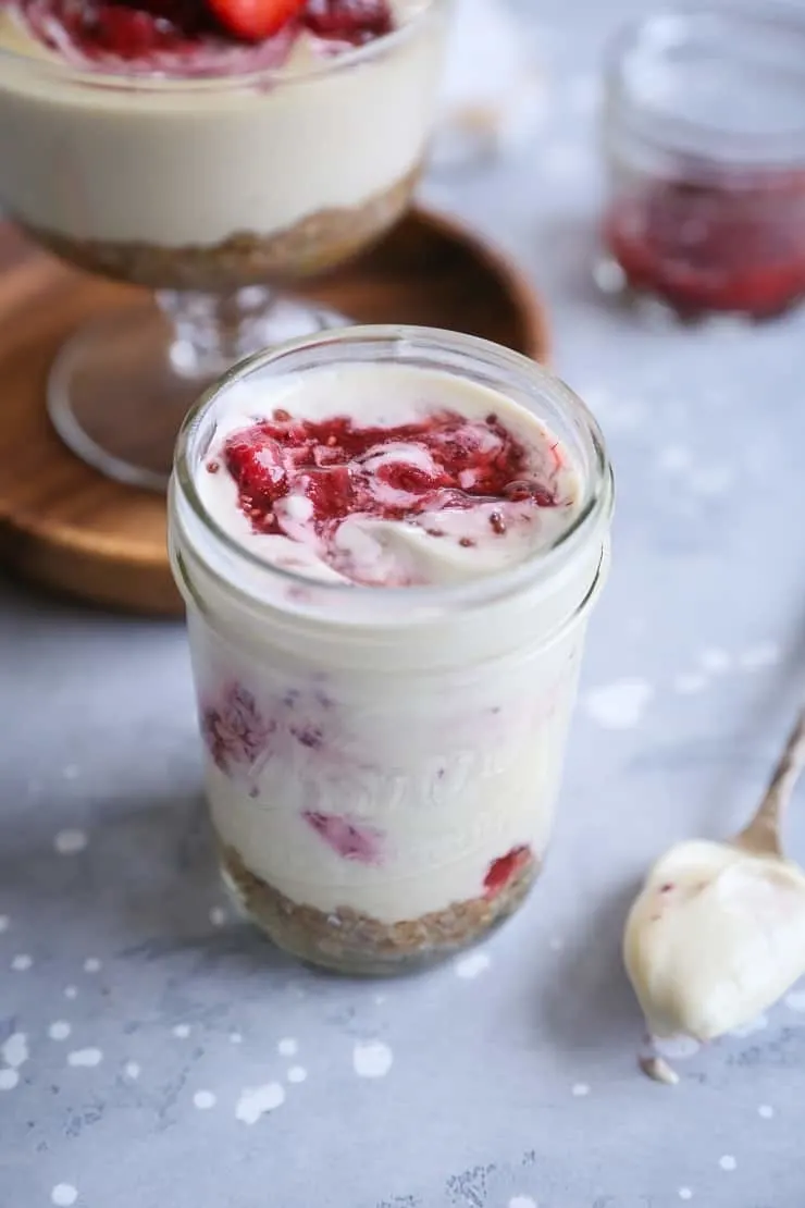 Vegan Strawberry Cheesecake Jars - dairy-free, paleo, healthy dessert recipe perfect for sharing with friends and family | TheRoastedRoot.net