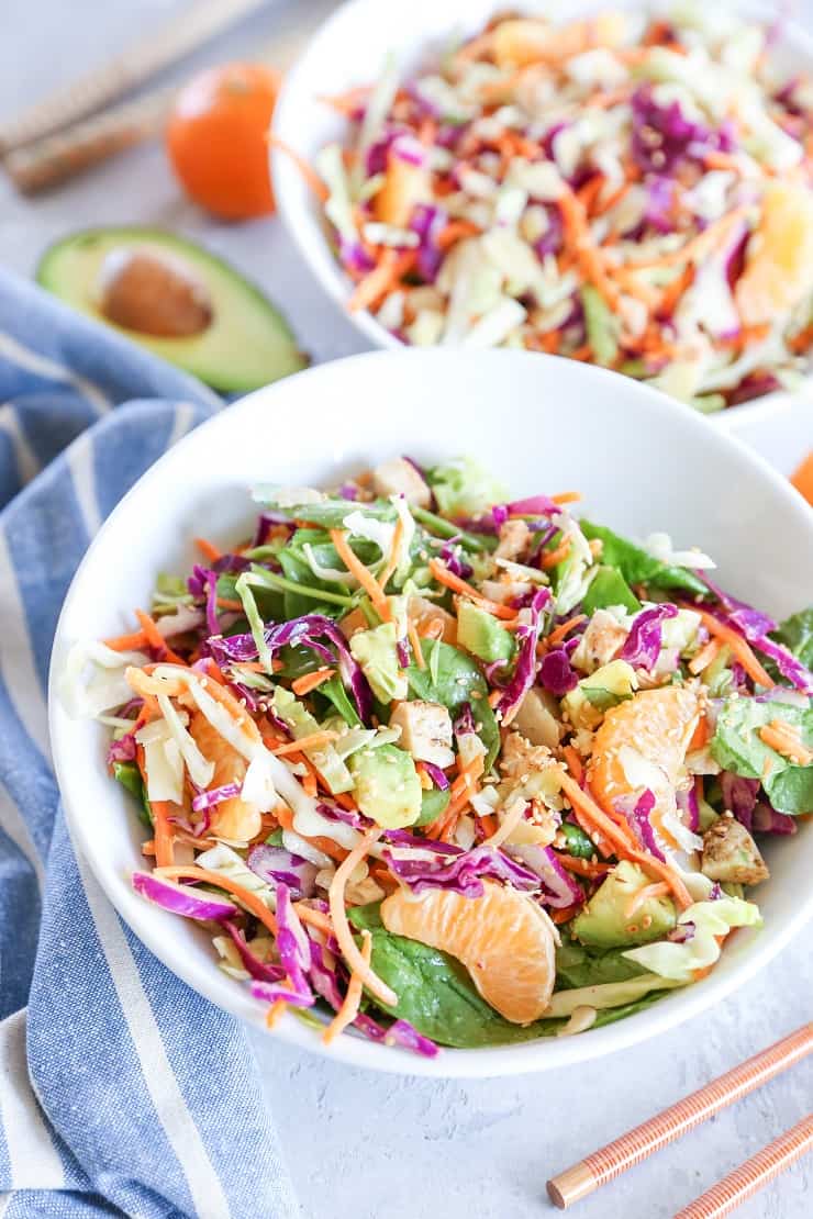 Paleo Chinese Chicken Salad with spinach and soy-free sesame ginger dressing