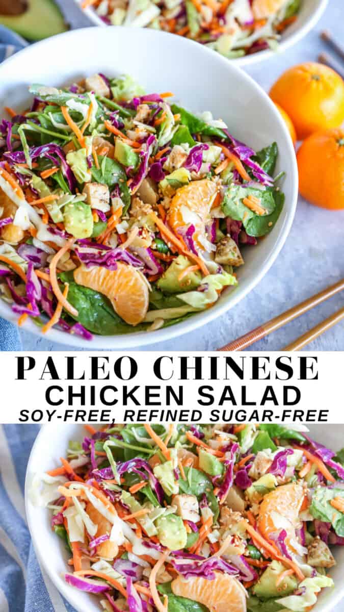 Paleo Chinese Chicken Salad with spinach and soy-free sesame ginger dressing. No refined sugar or canola oil!