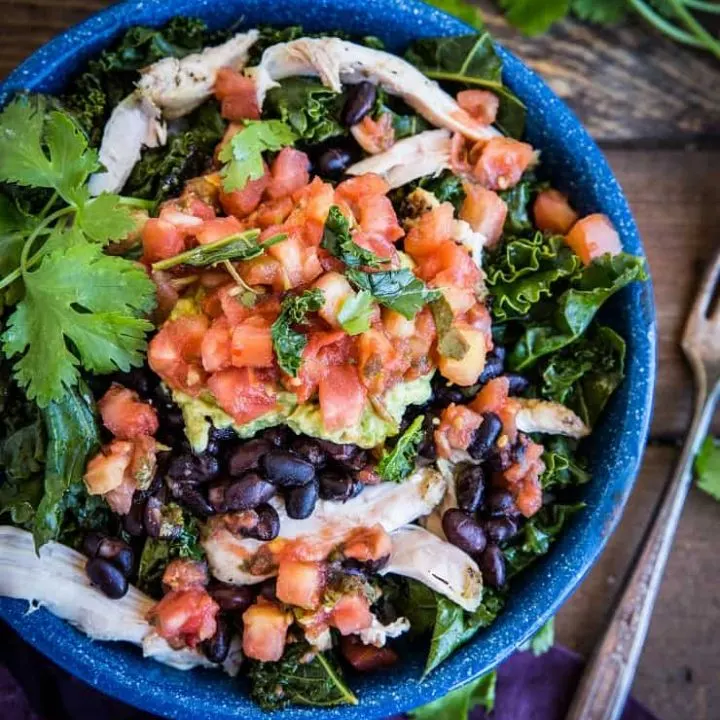 Chicken Burrito Bowls with Black Beans and Kale - an easy, healthy dinner recipe | TheRoastedRoot.net #healthy #dinnerrecipe