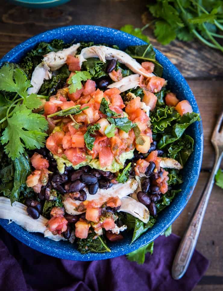 Chicken Burrito Bowls with Black Beans and Kale - an easy, healthy dinner recipe | TheRoastedRoot.net #healthy #dinnerrecipe