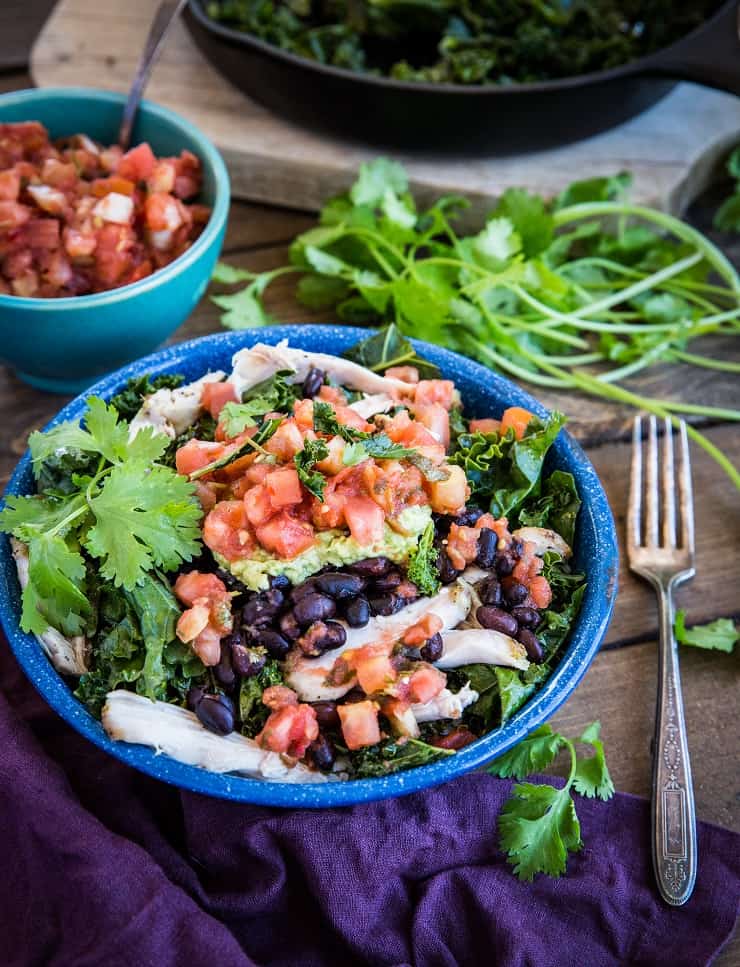 Chicken Burrito Bowls with Black Beans and Kale - an easy, healthy dinner recipe | TheRoastedRoot.net #healthy #dinnerrecipe