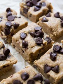 No-Bake Keto Chocolate Chip Cookie Bars - grain-free, sugar-free, paleo-friendly and only 6 ingredients and one bowl required. | TheRoastedRoot.net #lowcarb #dessert #recipe
