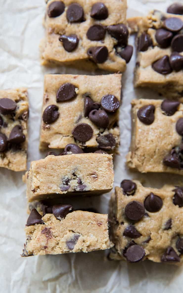 Keto No-Bake Paleo Chocolate Chip Cookie Bars - grain-free, sugar-free, paleo-friendly and only 6 ingredients and one bowl required. - a healthier dessert option | TheRoastedRoot.net #lowcarb #keto #paleo #healthyrecipe