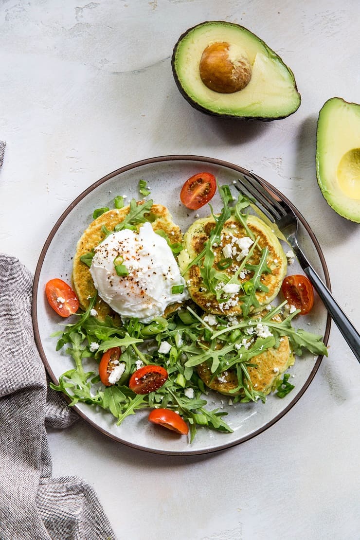 Almond Flour Pancakes with avocado - grain-free pancakes made with almond flour, almond milk, eggs, and avocado - an easy and delicious savory pancake recipe | TheRoastedRoot.net #paleo