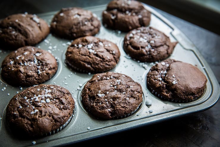 Paleo Double Chocolate Zucchini Muffins - grain-free, refined sugar-free, dairy-free zucchini muffins for a healthy breakfast or snack | TheRoastedRoot.net #glutenfree #recipe