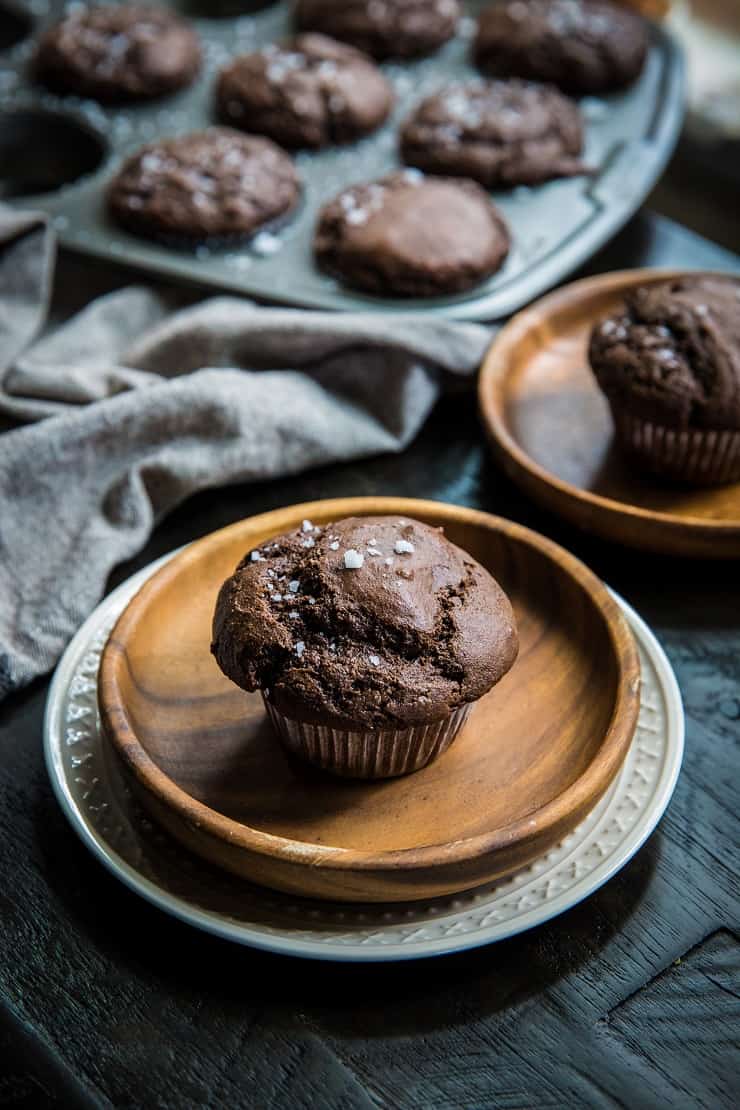 Paleo Double Chocolate Zucchini Muffins - grain-free, refined sugar-free, dairy-free zucchini muffins for a healthy breakfast or snack | TheRoastedRoot.net #glutenfree #recipe