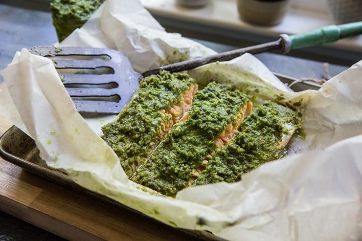 Pesto Salmon in Parchment Paper - a low-carb, keto, paleo dinner recipe | TheRoastedRoot.net