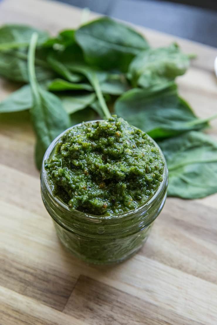 Spinach Pesto Sauce - a paleo recipe for pesto using spinach for a nutrient-dense sauce - dairy-free with a Low-FODMAP option | TheRoastedRoot.net