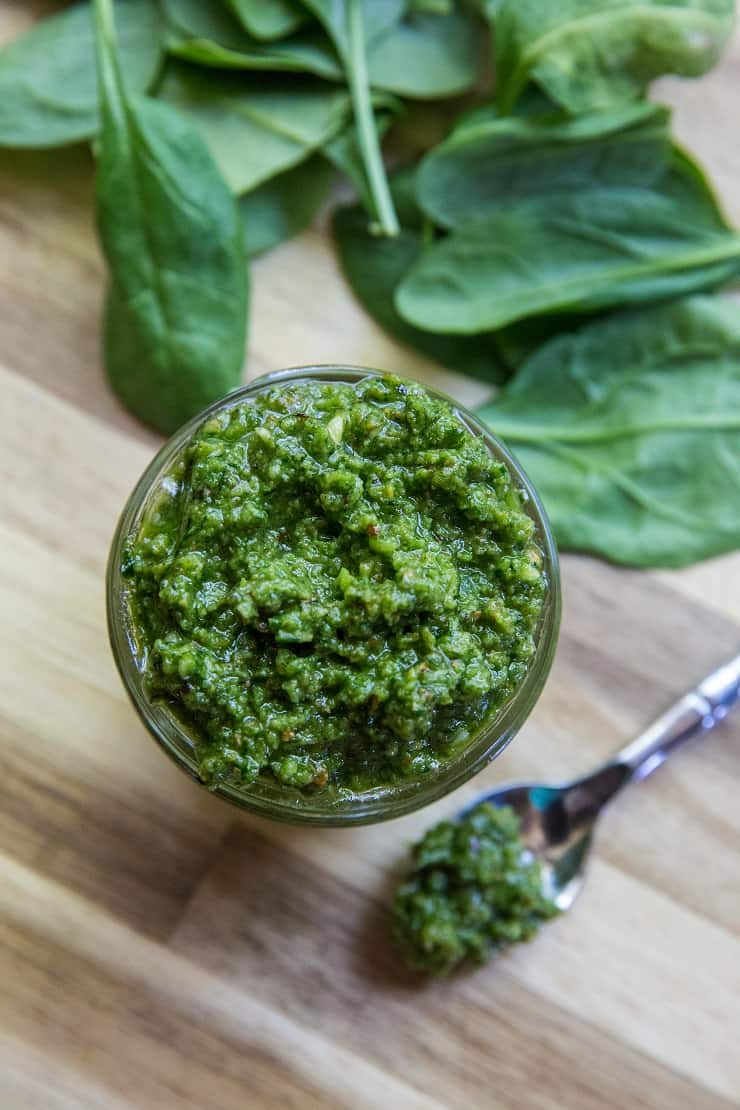 Spinach Pesto Sauce - a paleo recipe for pesto using spinach for a nutrient-dense sauce - dairy-free with a Low-FODMAP option | TheRoastedRoot.net