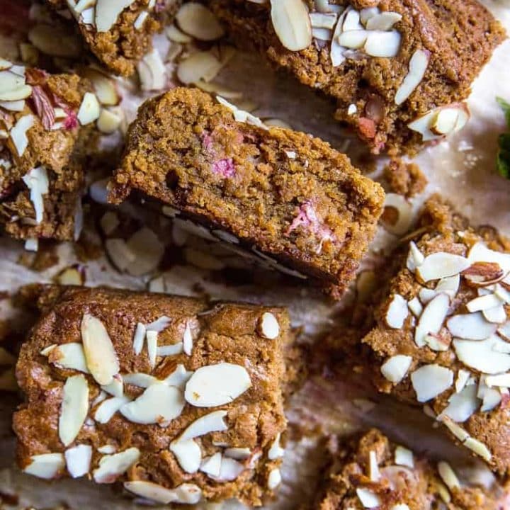 Grain-Free Paleo Strawberry Almond Butter Blondies - a healthy, grain-free, paleo blondie bar recipe made with almond butter | TheRoastedRoot.net #healthy #grainfree #glutenfree #dessert #recipe