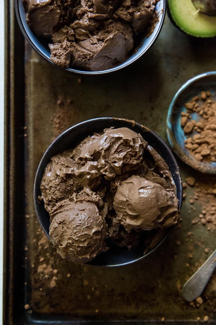 Keto Chocolate Ice Cream - paleo, vegan, dairy-free chocolate ice cream made with avocados. This easy no churn recipe only requires a blender or food processor. | TheRoastedRoot.net