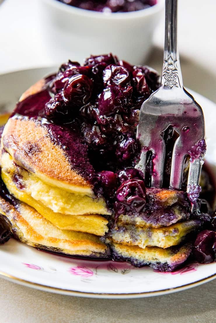 Grain-Free Paleo Coconut Flour Pancakes for Two People - a small batch of coconut flour pancakes with blueberry compote