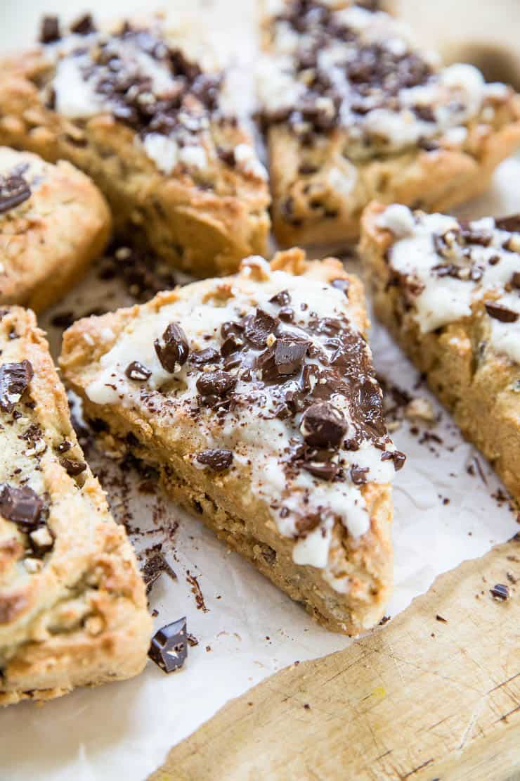 Paleo Pecan Chocolate Chip Scones with a vegan and keto option - an easy scone recipe that is grain-free, refined sugar-free, and dairy-free | TheRoastedRoot.net #glutenfree