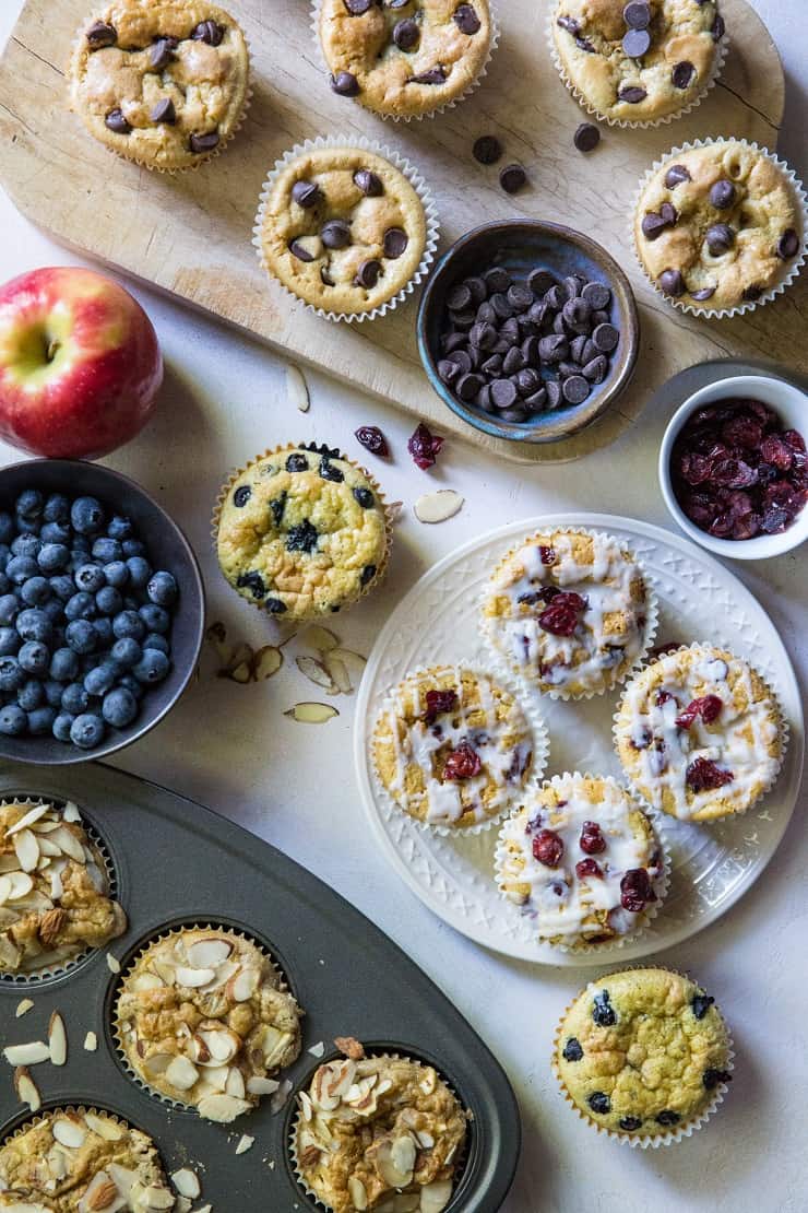 Paleo Coconut Flour Muffins (4 Ways!) A recipe for grain-free muffins using coconut flour and pure maple syrup - recipe includes four different flavors! | TheRoastedRoot.net #glutenfree #healthy #breakfast