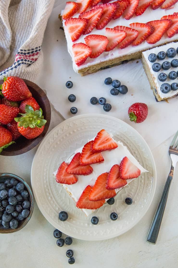 Grain-Free Red, White, and Blue Cake for the 4th of July - a healthy paleo cake recipe | TheRoastedRoot.net