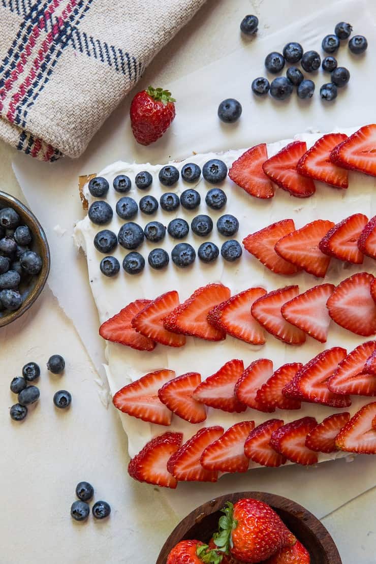 Paleo Red, White, and Blue Cake - grain-free, refined sugar-free, dairy-free, and delicious! | TheRoastedRoot.net