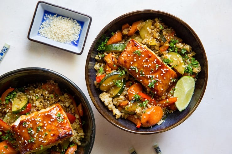 Teriyaki Salmon Bowls with teriyaki stir fry vegetables and rice - a healthy well-balanced meal that is easy to prepare. | TheRoastedRoot.net #glutenfree