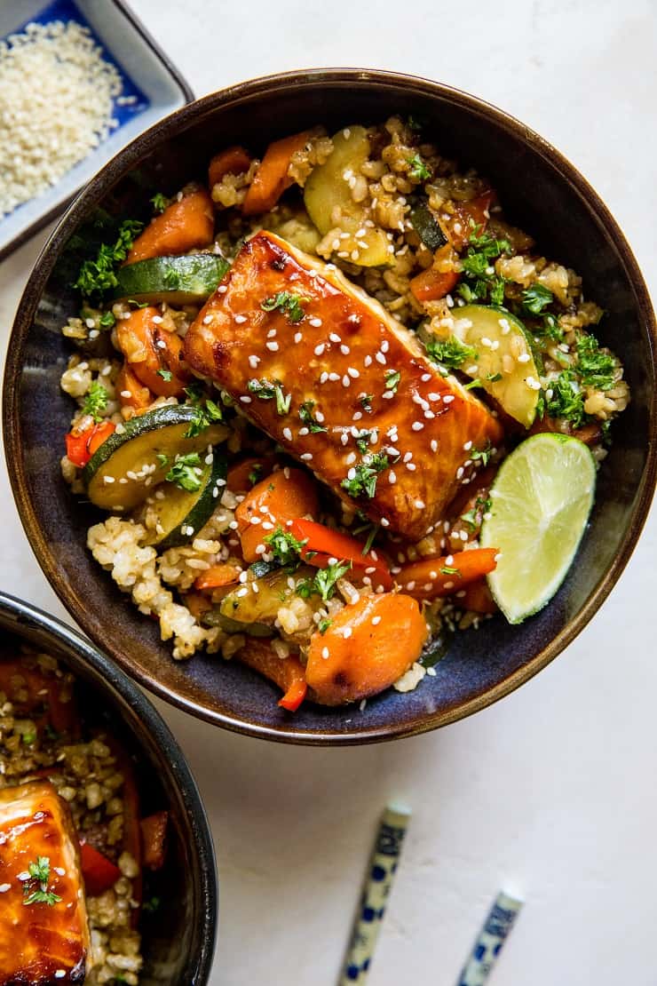 Teriyaki Salmon Bowls with teriyaki stir fry vegetables and rice - a healthy well-balanced meal that is easy to prepare. | TheRoastedRoot.net #glutenfree