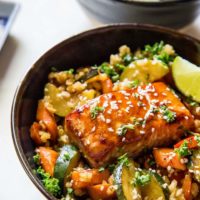 Teriyaki Salmon Bowls with teriyaki stir fry vegetables and rice - a healthy well-balanced meal that is easy to prepare. | TheRoastedRoot.net #glutenfree