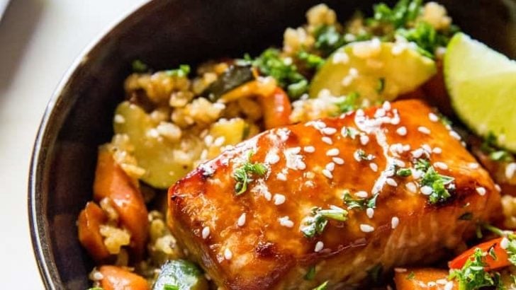 Teriyaki Salmon Bowls with teriyaki stir fry vegetables and rice - a healthy well-balanced meal that is easy to prepare. | TheRoastedRoot.net #glutenfree