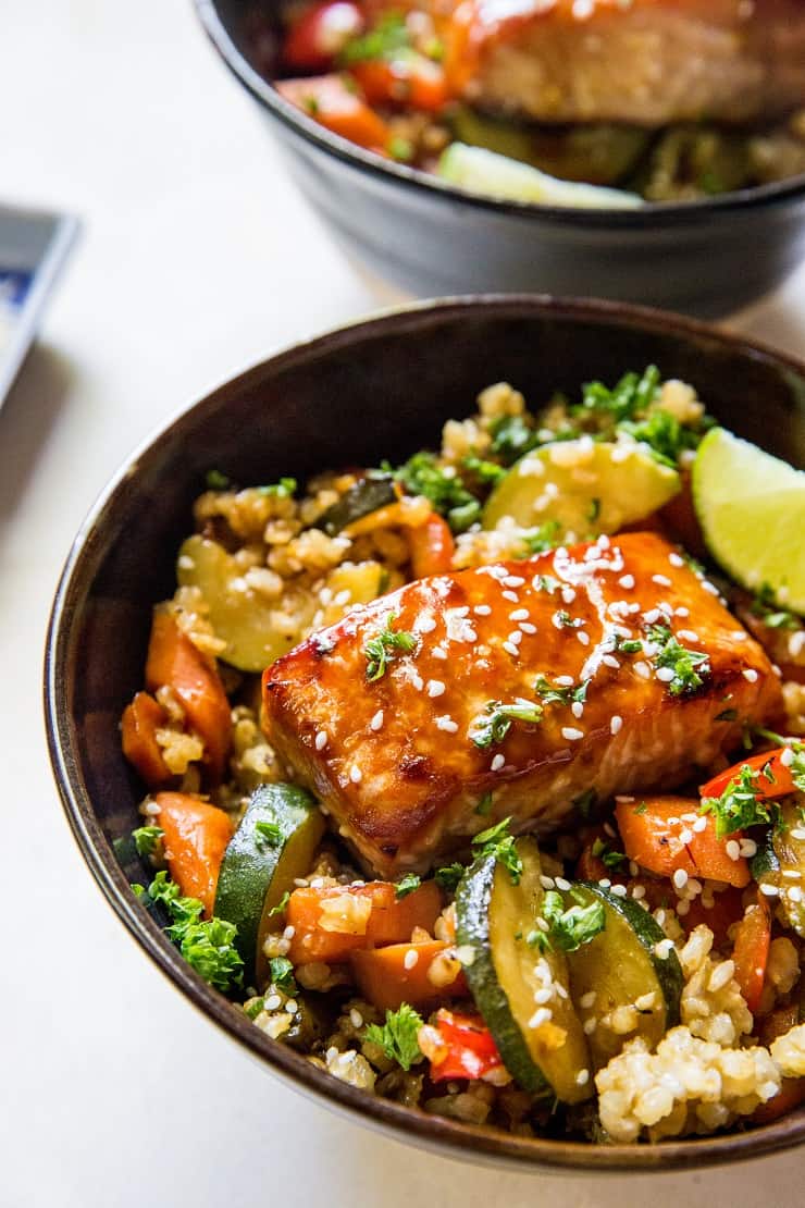 Teriyaki Salmon Bowls with teriyaki stir fry vegetables and rice - a healthy well-balanced meal that is easy to prepare. | TheRoastedRoot.net #glutenfree