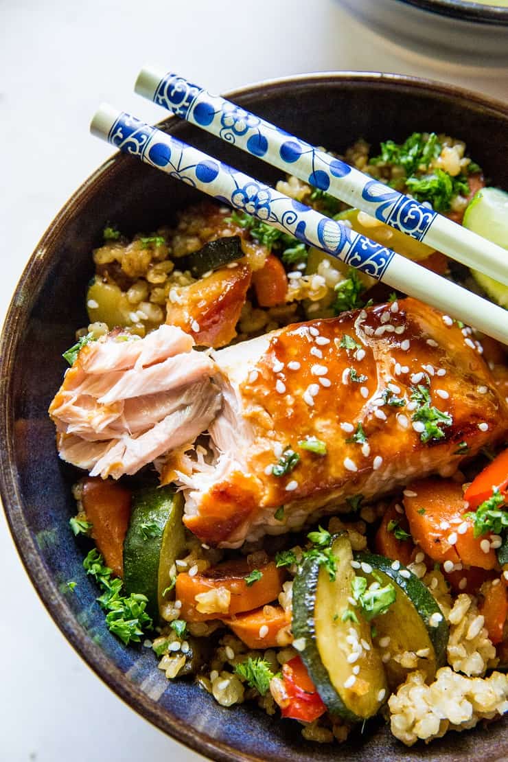 Teriyaki Salmon Bowls with teriyaki stir fry vegetables and rice - a healthy well-balanced meal that is easy to prepare. | TheRoastedRoot.net #glutenfree