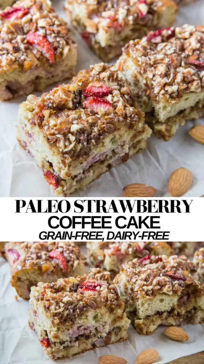 Paleo strawberry coffee cake is an amazing breakfast or snack! Grain-free, refined sugar-free, and dairy-free, this beautiful lump of lovin' is perfect for the whole family.