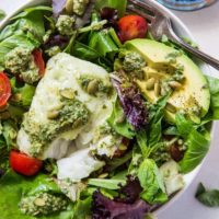 Cod Salad with Basil-Walnut Pesto, cherry tomatoes, pumpkin seeds and avocado - a low-carb, keto, paleo, whole30 dinner recipe | TheRoastedRoot.net