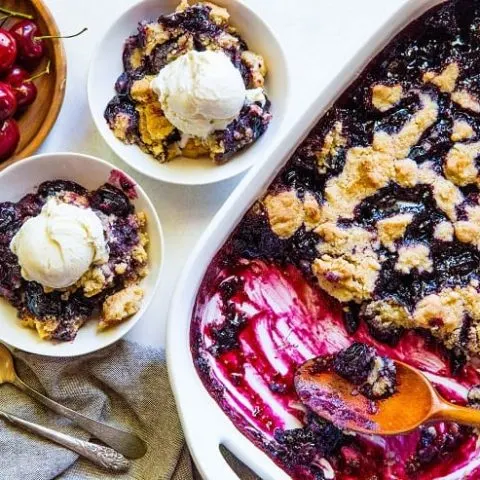 Gluten-Free Cherry Cobbler - refined sugar-free with a vegan and paleo option! An easy approach to classic delicious cherry cobbler | TheRoastedRoot.net