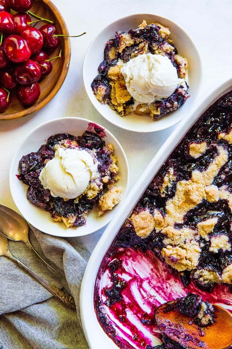 Gluten-Free Cherry Cobbler - refined sugar-free with a vegan and paleo option! An easy approach to classic delicious cherry cobbler | TheRoastedRoot.net