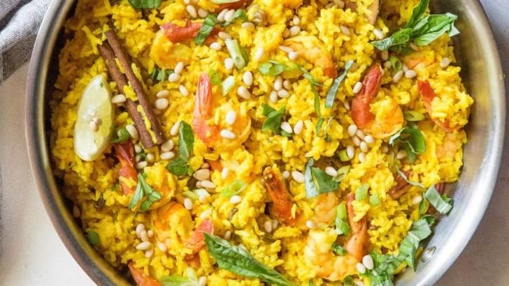 Indian Shrimp Biryani - an easy one-pot meal of aromatic rice, shrimp, and pine nuts. Quick, easy, and healthy! | TheRoastedRoot.net