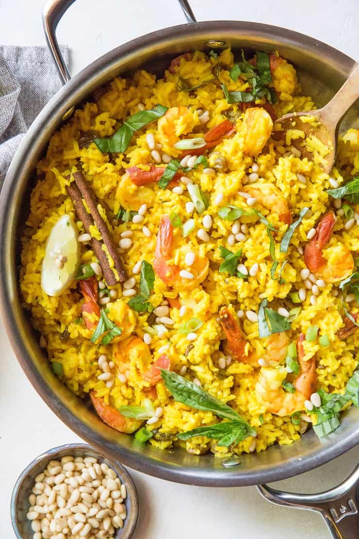 Quick and Easy Indian Shrimp Biryani made in one pot or skillet - a vibrant, healthy meal made in under 45 minutes! | TheRoastedRoot.net #glutenfree