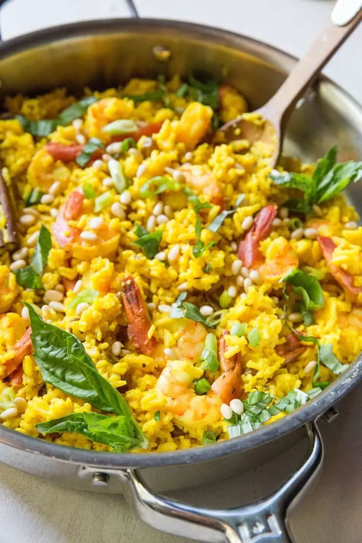 Easy Indian Shrimp Biryani with pine nuts and basil - a quick one-pot meal that is flavorful, healthy, and delicious | TheRoastedRoot.net