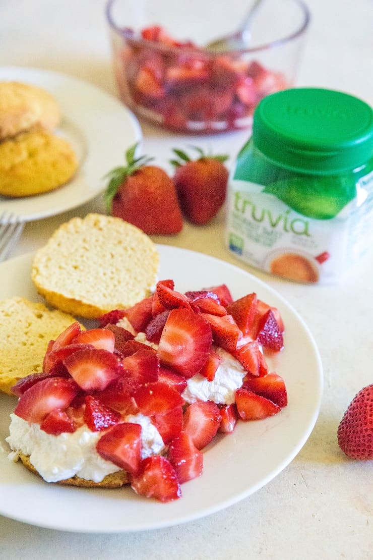 Grain-Free Low-Carb Strawberry Shortcake made with Truvia and coconut flour for a healthy low-sugar dessert | TheRoastedRoot.net