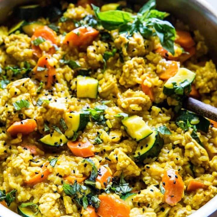 One Skillet Ground Turkey Thai Curry Skillet with Rice - an easy one-pot meal of aromatic coconut milk sauce | TheRoastedRoot.net